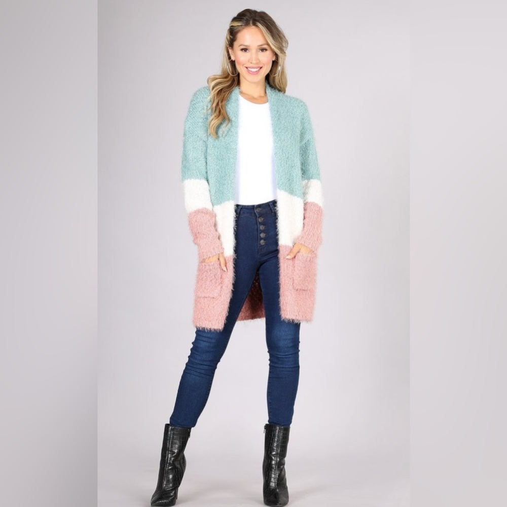NWT Oceanus Fuzzy Color Block Open Cardigan size S